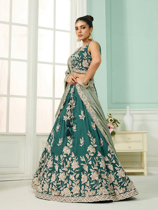 Green Silk Fabric Sequins embroidery Semi-Stitched Lehenga & Unstitched Blouse With Dupatta
