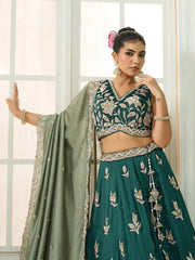 Green Silk Fabric Sequins embroidery Semi-Stitched Lehenga & Unstitched Blouse With Dupatta