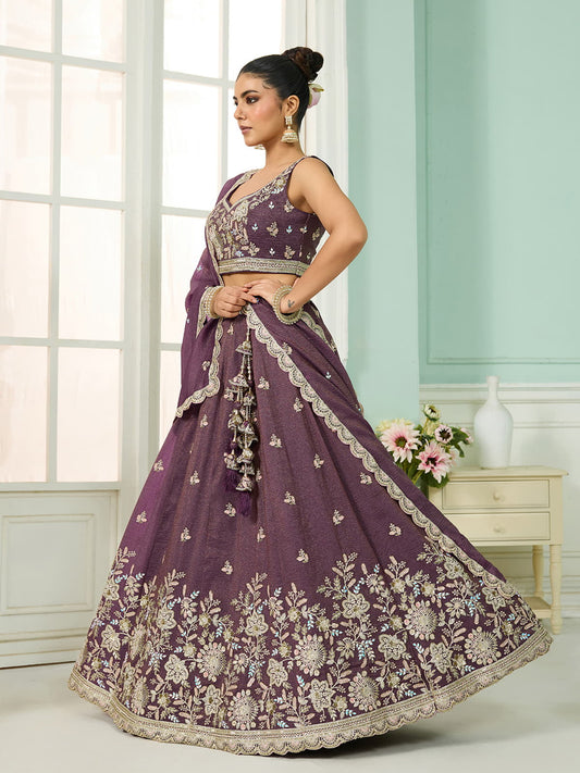 Purple Tissue Fabric Sequins embroidery Semi-Stitched Lehenga & Unstitched Blouse With Dupatta