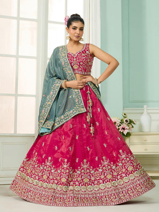 Pink Silk Fabric Sequins embroidery Semi-Stitched Lehenga & Unstitched Blouse With Dupatta