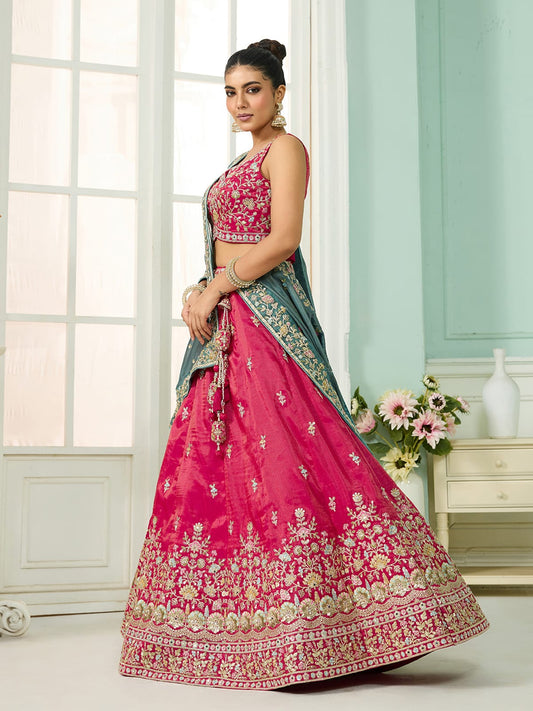 Pink Silk Fabric Sequins embroidery Semi-Stitched Lehenga & Unstitched Blouse With Dupatta