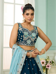 Teal Georgette Fabric Sequins embroidery Semi-Stitched Lehenga & Unstitched Blouse With Dupatta