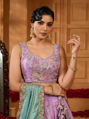 Lavender Satin Silk Fabric Sequins embroidery Semi-Stitched Lehenga & Unstitched Blouse With Dupatta