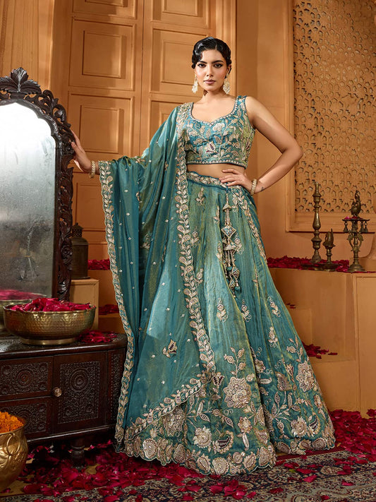 Green Tissue Fabric Sequins embroidery Semi-Stitched Lehenga & Unstitched Blouse With Dupatta