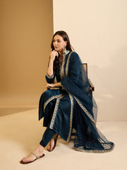 Floral Embroidered Mandarin Collar Velvet Kurta With Trouser And Dupatta