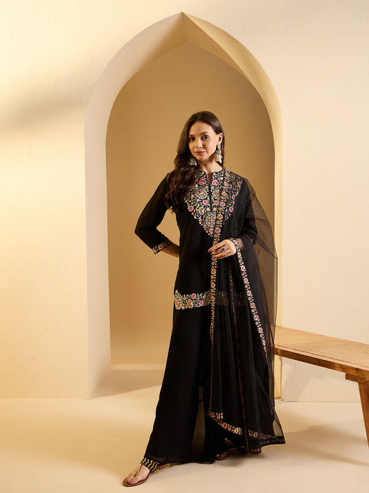 Women Floral Yoke Design Regular Thread Work Kurta with Palazzos & With Dupatta