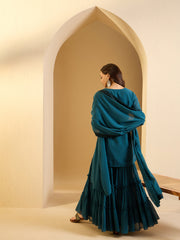 Floral Embroidered Notch Neck Sequinned Georgette Kurti With Sharara & Dupatta