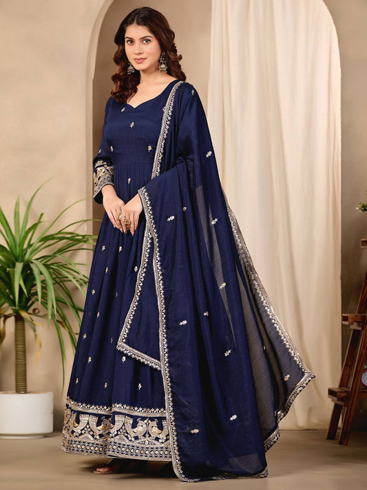 Blue Art Silk Anarkali Suit with Embroidered and Sequins Work for Ceremonial