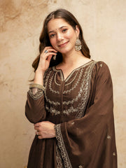 Brown Designer Chanderi Cottan Partywear Kurta Set