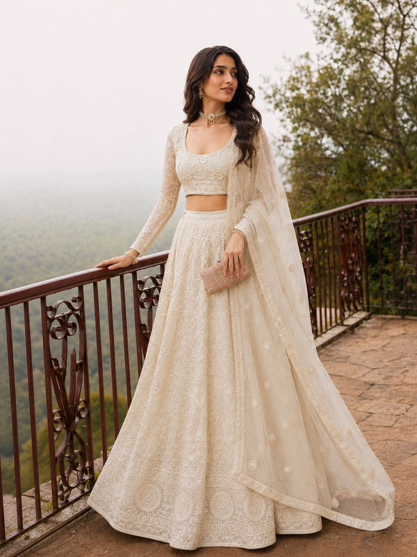 Off White Embroidered Stylist Wedding Lehenga Choli