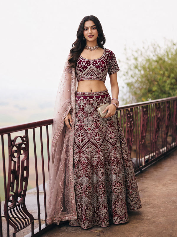Wine Embroidered Stylist Wedding Lehenga Choli