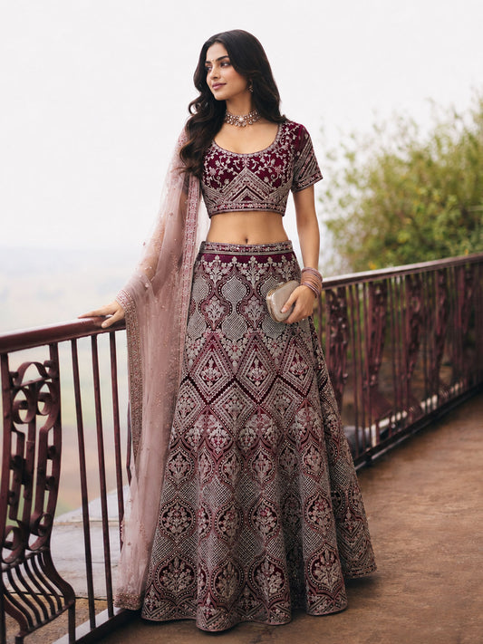 Wine Embroidered Stylist Wedding Lehenga Choli