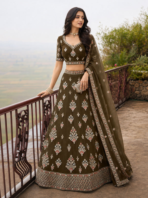 Olive Embroidered Stylist Wedding Lehenga Choli