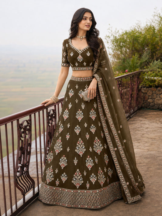Olive Embroidered Stylist Wedding Lehenga Choli