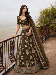 Olive Embroidered Stylist Wedding Lehenga Choli