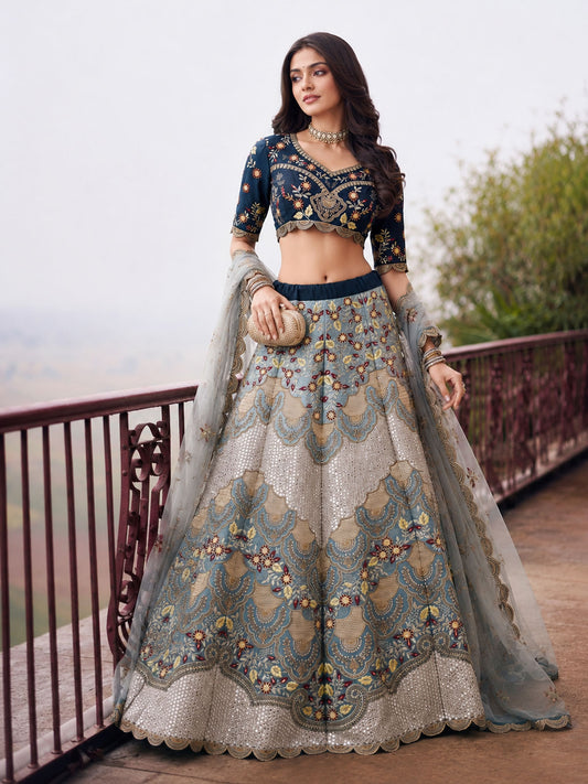 Silver Blue Embroidered Stylist Wedding Lehenga Choli