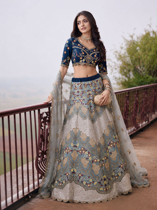 Silver Blue Embroidered Stylist Wedding Lehenga Choli
