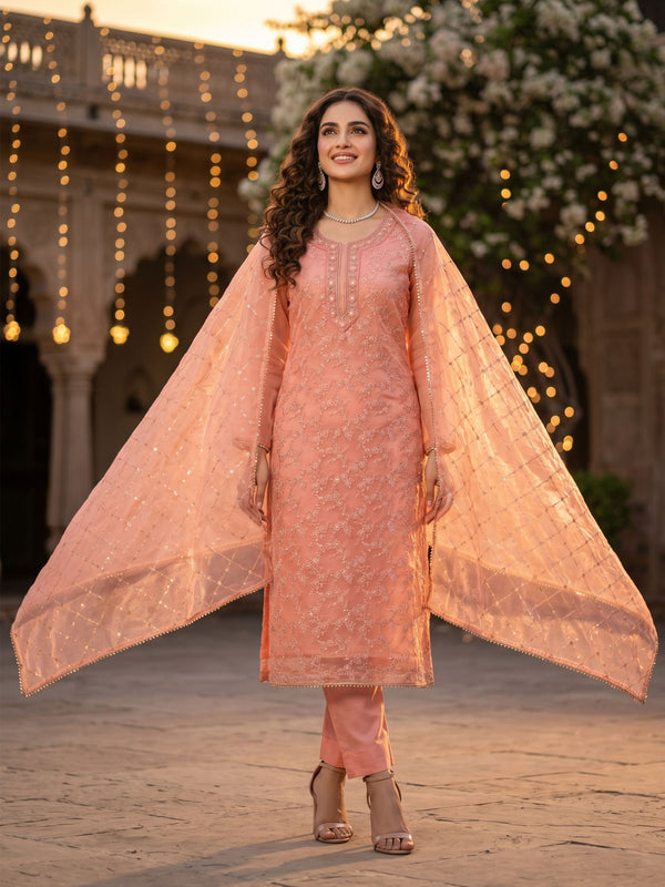Orange Organza Hand Work Kurta Set
