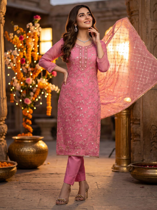 Pink Organza Hand Work Kurta Set