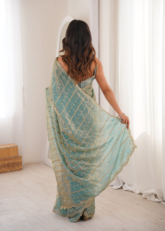 Sky Blue Fendi Satin Sequence Embroidery Saree