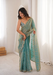 Sky Blue Fendi Satin Sequence Embroidery Saree