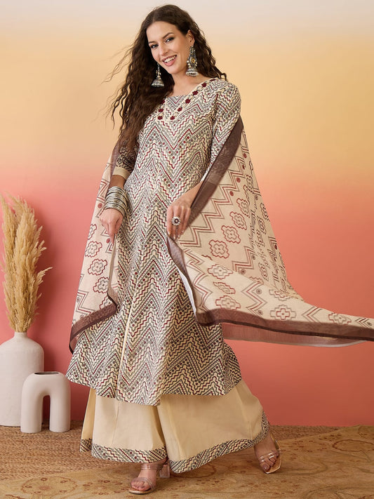 Beige Embroidered and Print Work Silk Palazzo Salwar Suit