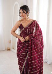 Cherry Maroon Fendi Satin Sequence Embroidery Saree