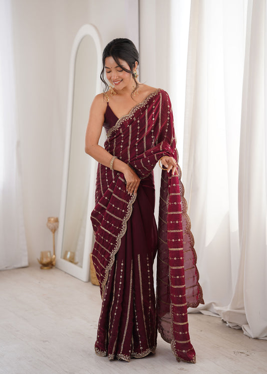 Cherry Maroon Fendi Satin Sequence Embroidery Saree