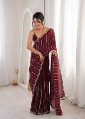 Cherry Maroon Fendi Satin Sequence Embroidery Saree