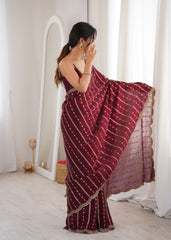 Cherry Maroon Fendi Satin Sequence Embroidery Saree