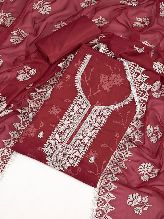 Maroon Floral Embroidered Sequinned Unstitched Dress Material
