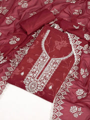 Maroon Floral Embroidered Sequinned Unstitched Dress Material
