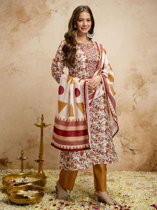 Off White Digital Print  Chanderi Cottan Partywear Kurta Set