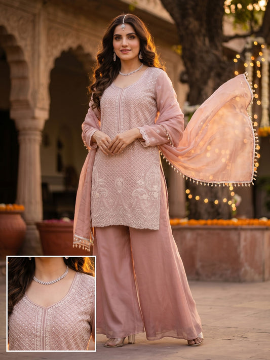 Blush Pink Beads and Sequins Embroidered Palazzo Style Suit