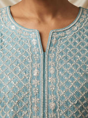 Steel Blue Beads and Sequins Embroidered Palazzo Style Suit