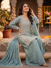 Steel Blue Beads and Sequins Embroidered Palazzo Style Suit