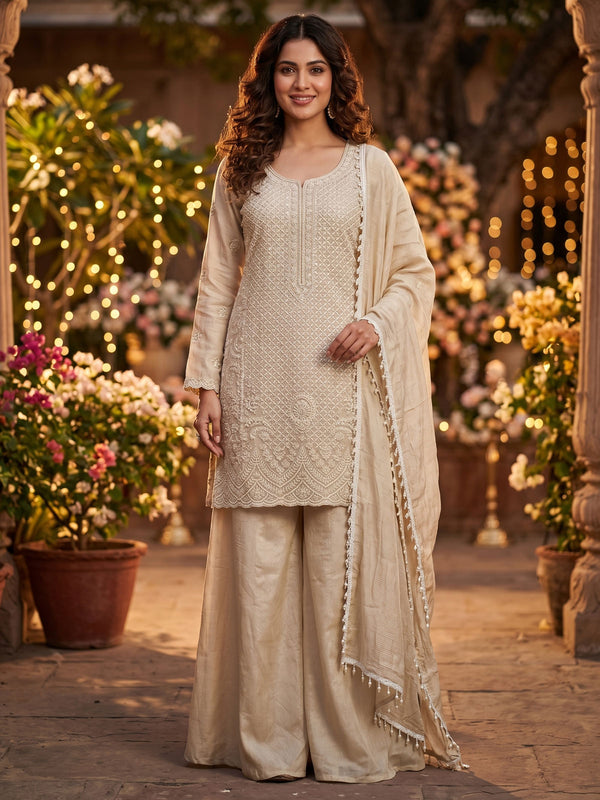 Beige Beads and Sequins Embroidered Palazzo Style Suit