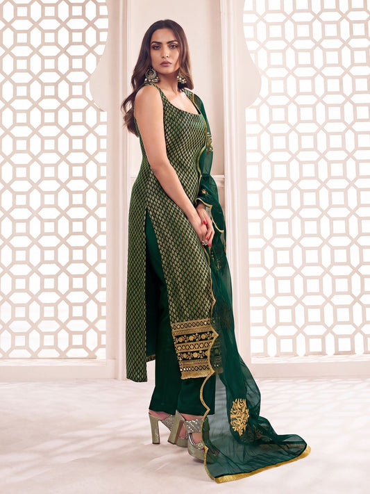 Bottle Green Zari Woven Embroidered Stright Kurta Set