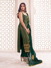 Bottle Green Zari Woven Embroidered Stright Kurta Set