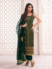Bottle Green Zari Woven Embroidered Stright Kurta Set