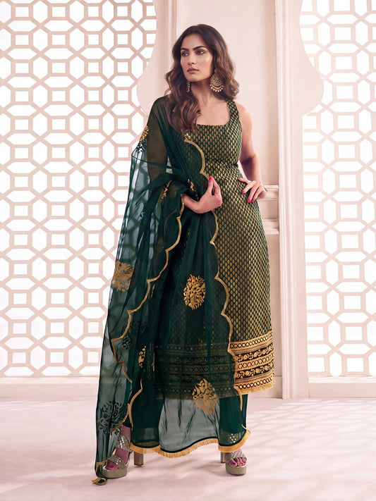 Bottle Green Zari Woven Embroidered Stright Kurta Set