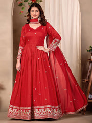Red Art Silk Embroidered and Sequins Work Salwar Suit