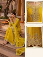 Maize Yellow Tora Silk Embroidered Festive Palazzo Style Dress