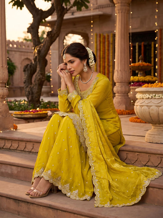Maize Yellow Tora Silk Embroidered Festive Palazzo Style Dress