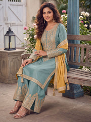 Sky Blue Real Chinnon Pant Style Dress