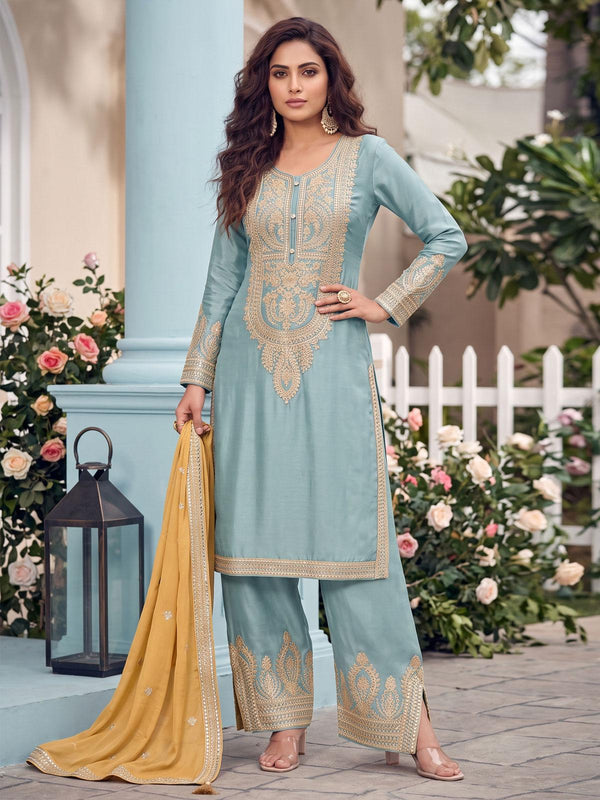 Sky Blue Real Chinnon Pant Style Dress