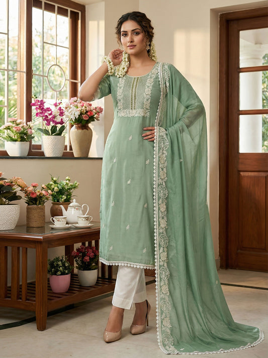 Green Cotton Hand Work Kurta Set With dupatta