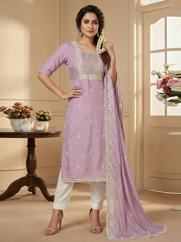 Lavender Cotton Hand Work Kurta Set With dupatta