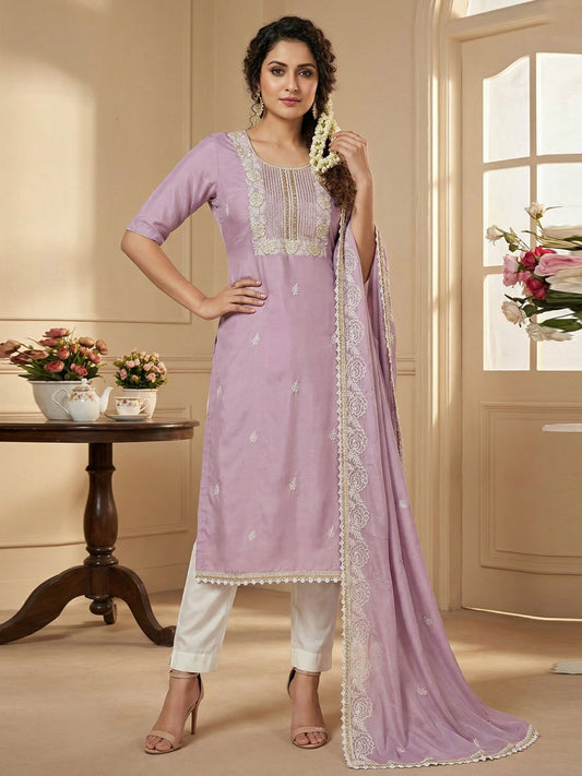 Lavender Cotton Hand Work Kurta Set With dupatta