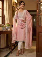 Peach Cotton Hand Work Kurta Set With dupatta